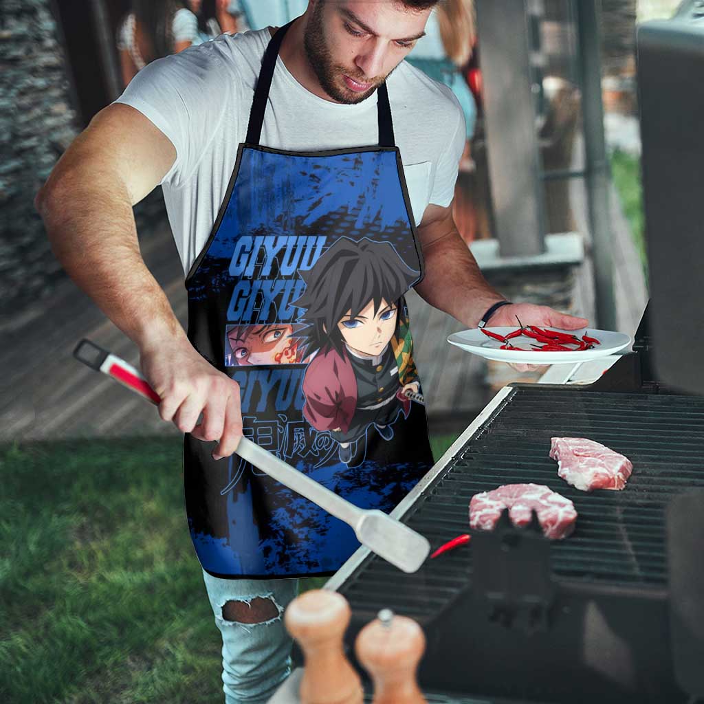 Giyu Tomioka Demon Slayer Blue Grunge Design Apron with Intense Eyes and Sword Stance - The Mazicc