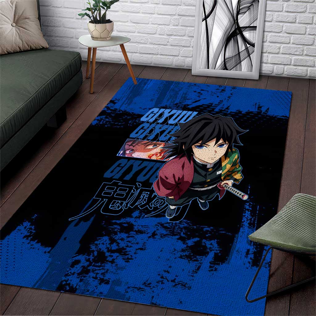 Giyu Tomioka Demon Slayer Blue Grunge Design Area Rug with Intense Eyes and Sword Stance - The Mazicc