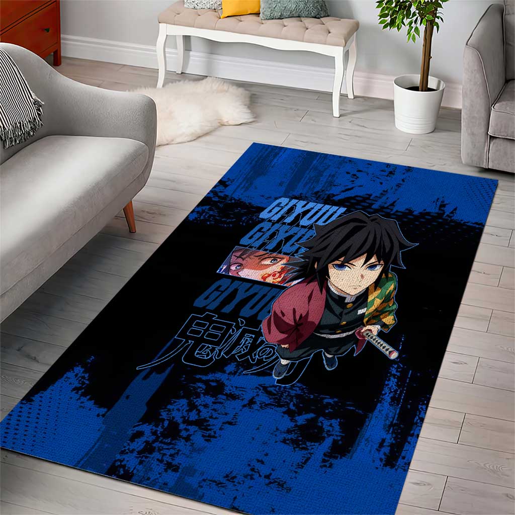 Giyu Tomioka Demon Slayer Blue Grunge Design Area Rug with Intense Eyes and Sword Stance - The Mazicc