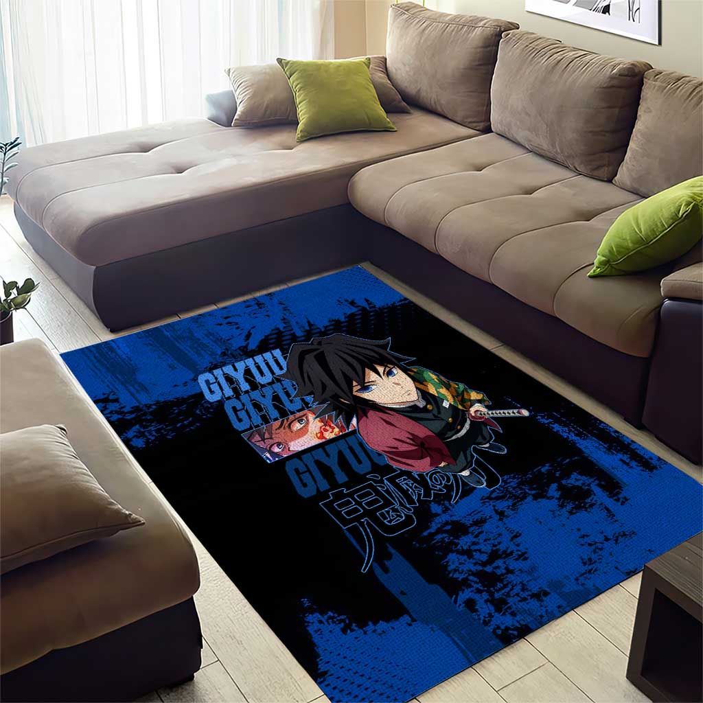 Giyu Tomioka Demon Slayer Blue Grunge Design Area Rug with Intense Eyes and Sword Stance - The Mazicc