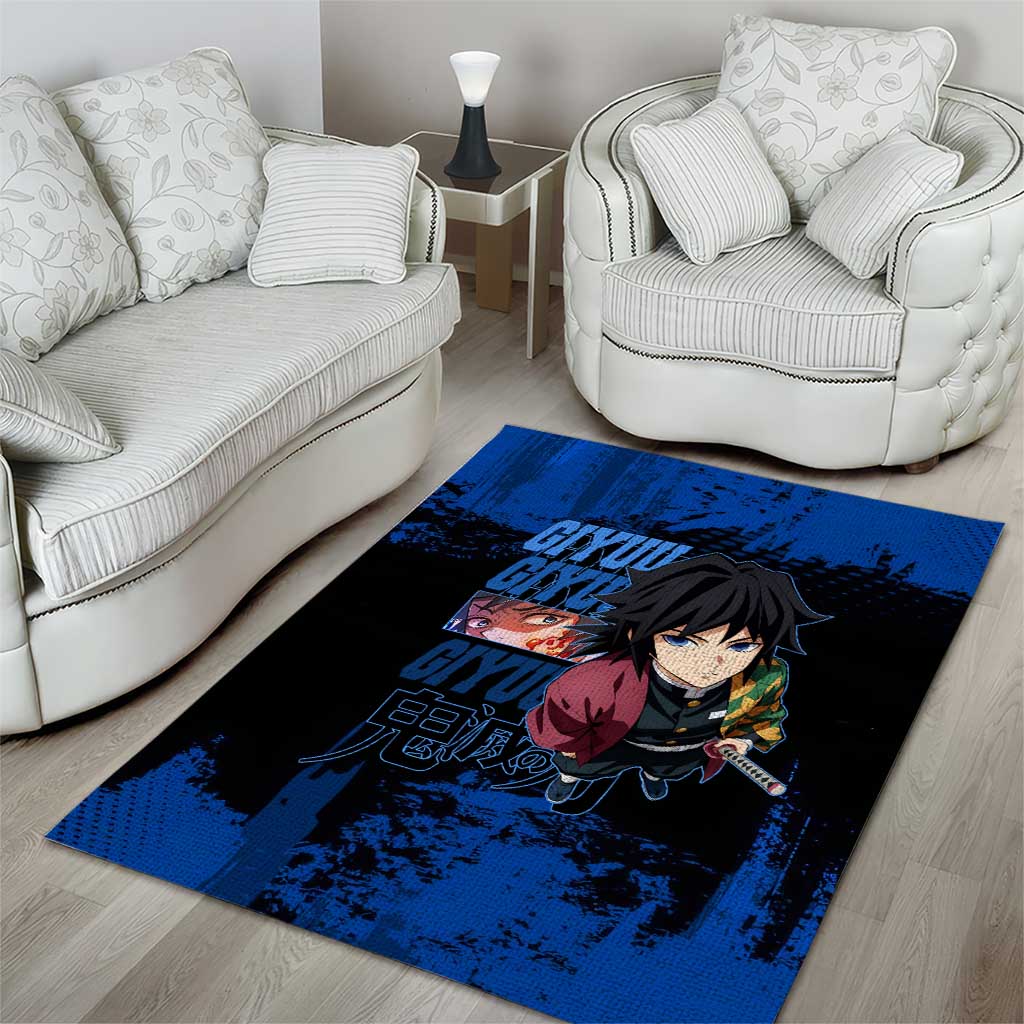 Giyu Tomioka Demon Slayer Blue Grunge Design Area Rug with Intense Eyes and Sword Stance - The Mazicc