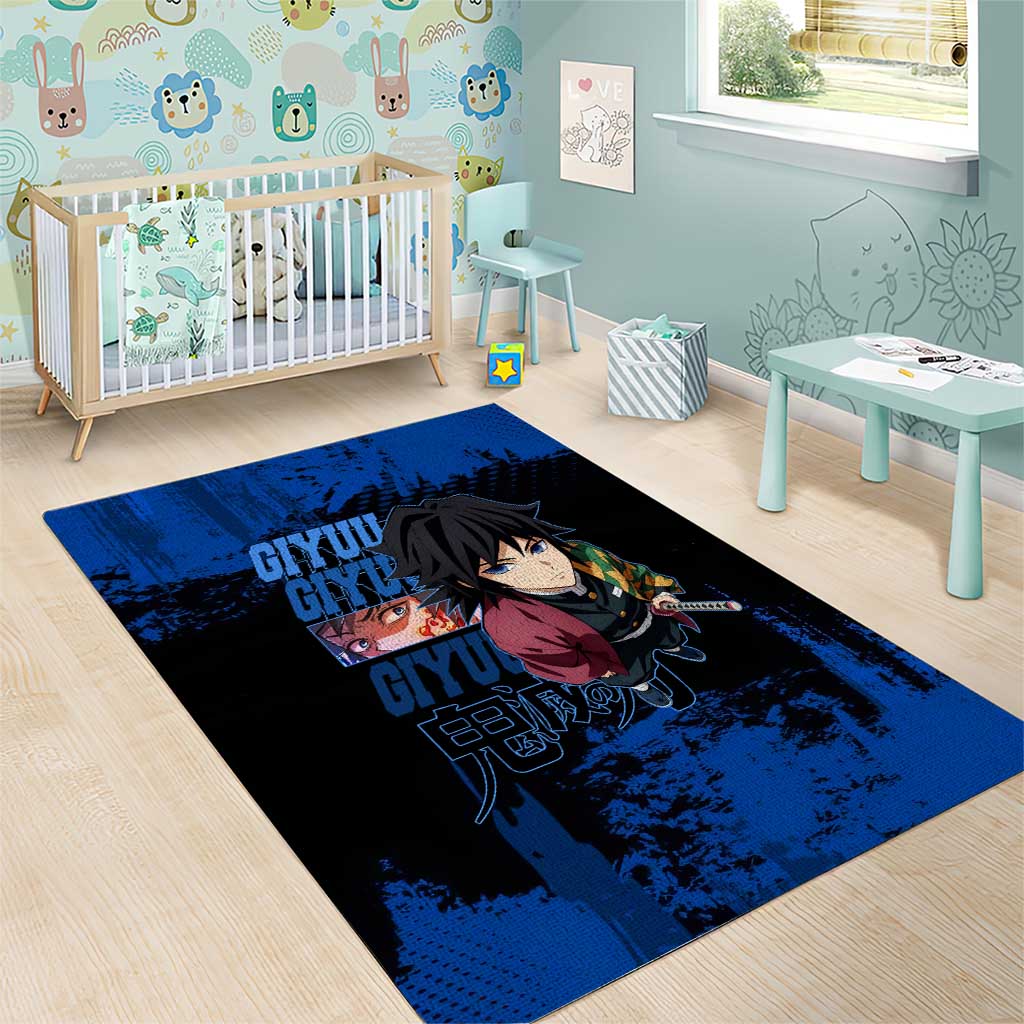 Giyu Tomioka Demon Slayer Blue Grunge Design Area Rug with Intense Eyes and Sword Stance - The Mazicc