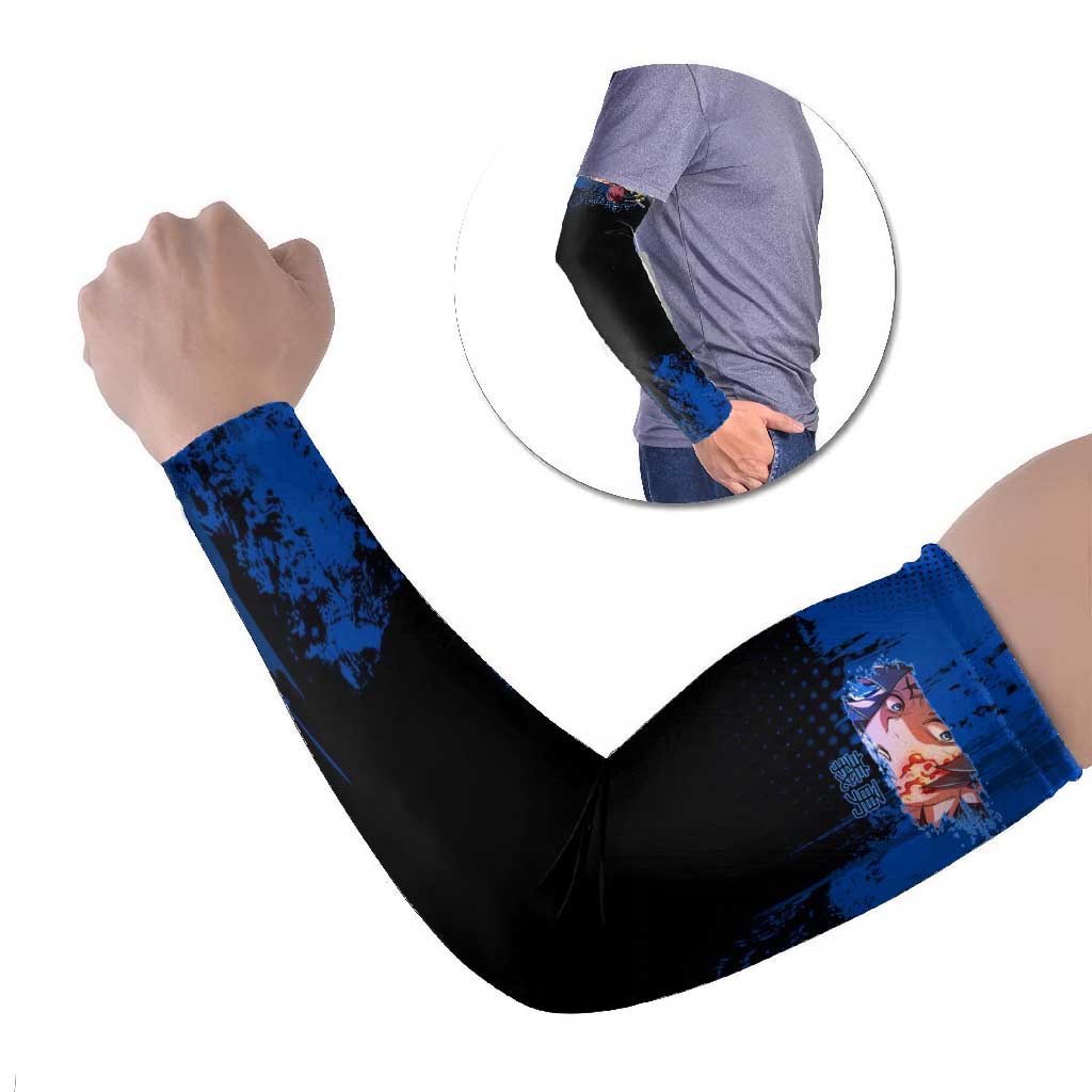 Giyu Tomioka Demon Slayer Blue Grunge Design Arm Sleeves with Intense Eyes and Sword Stance - The Mazicc