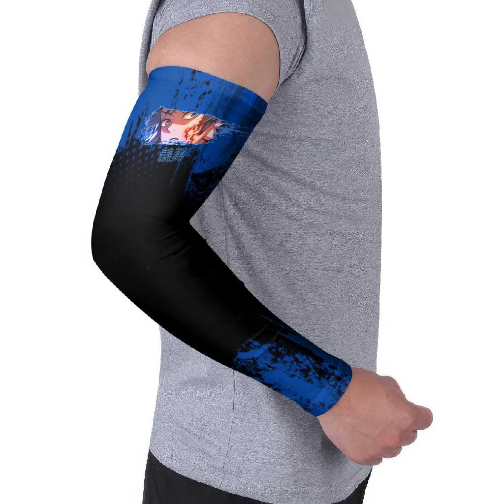 Giyu Tomioka Demon Slayer Blue Grunge Design Arm Sleeves with Intense Eyes and Sword Stance - The Mazicc