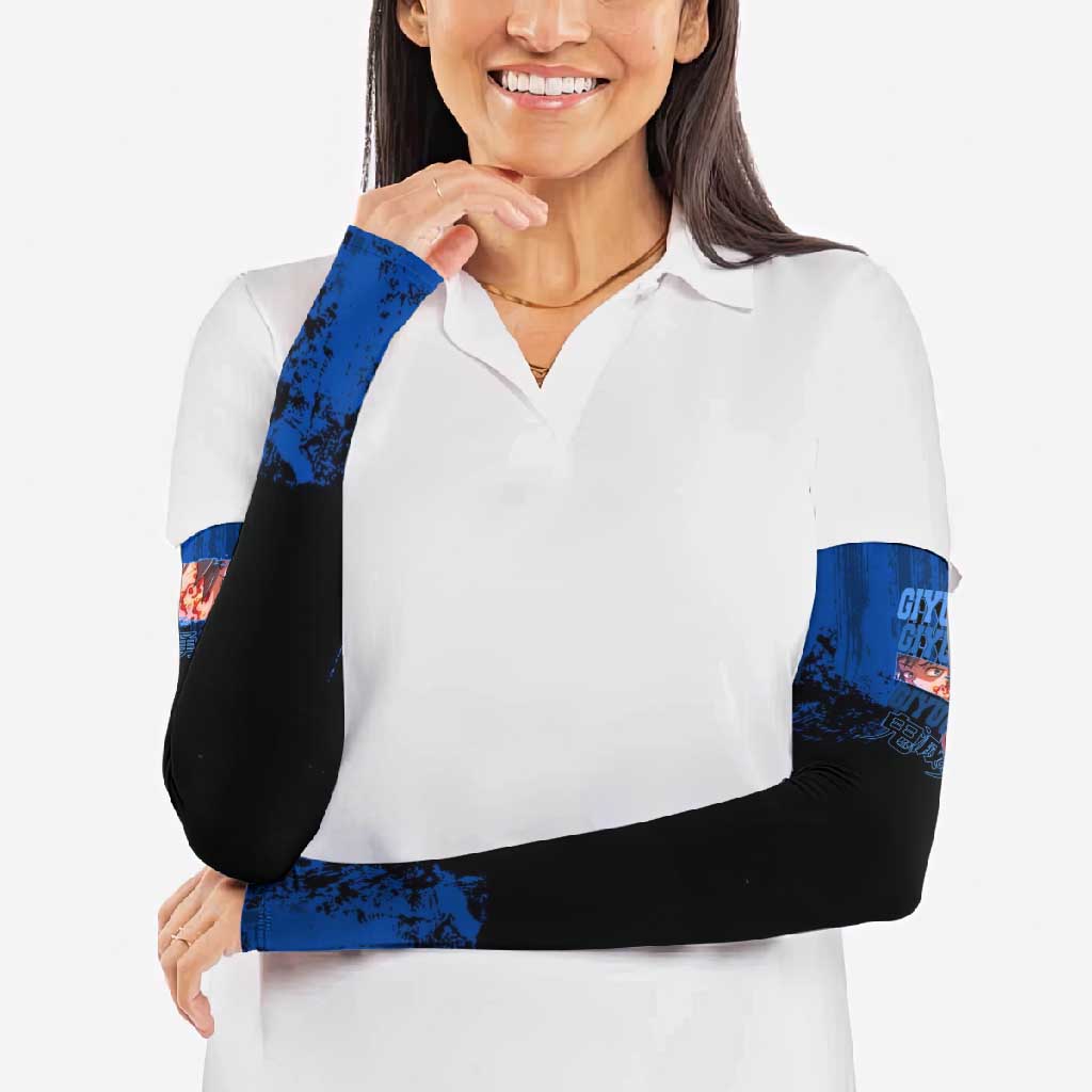 Giyu Tomioka Demon Slayer Blue Grunge Design Arm Sleeves with Intense Eyes and Sword Stance - The Mazicc