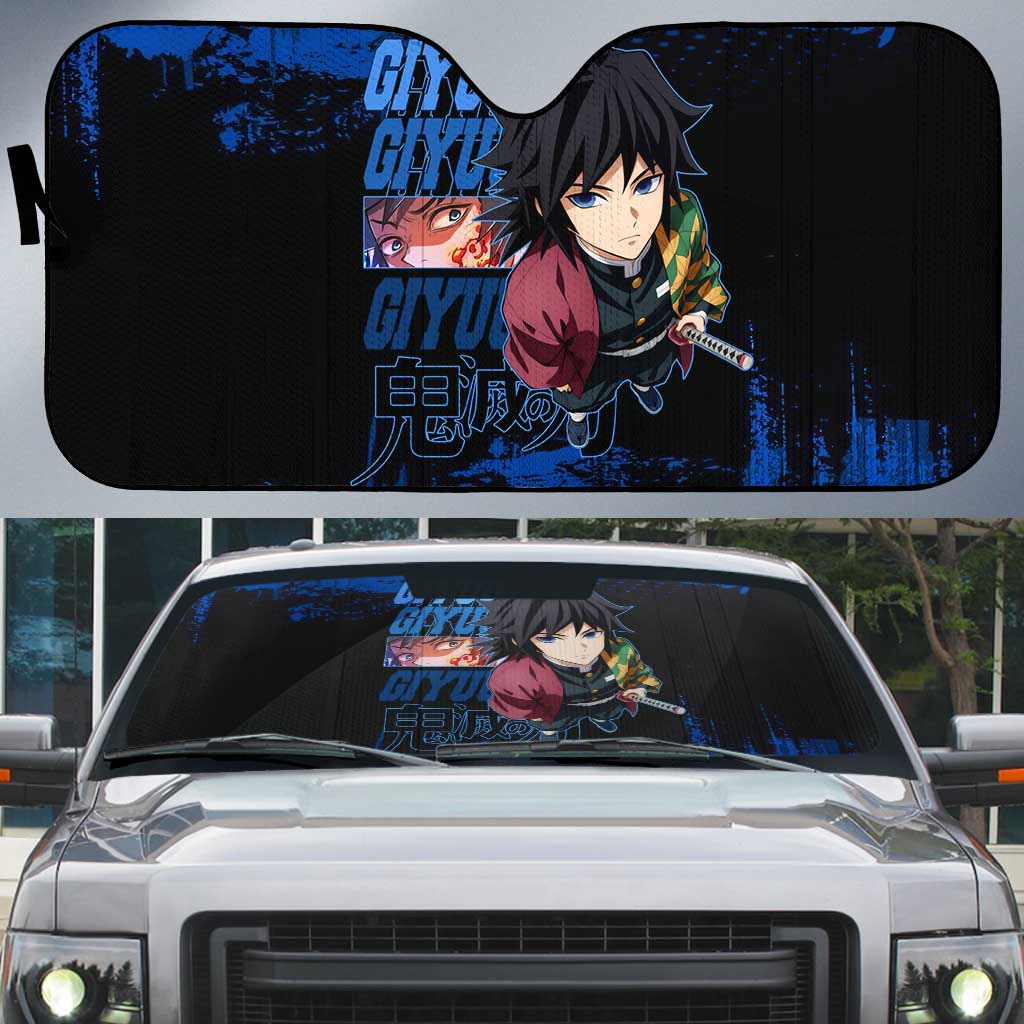 Giyu Tomioka Demon Slayer Blue Grunge Design Auto Sun Shade with Intense Eyes and Sword Stance - The Mazicc
