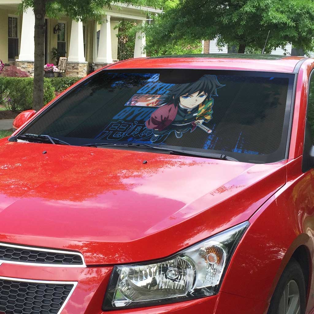 Giyu Tomioka Demon Slayer Blue Grunge Design Auto Sun Shade with Intense Eyes and Sword Stance - The Mazicc