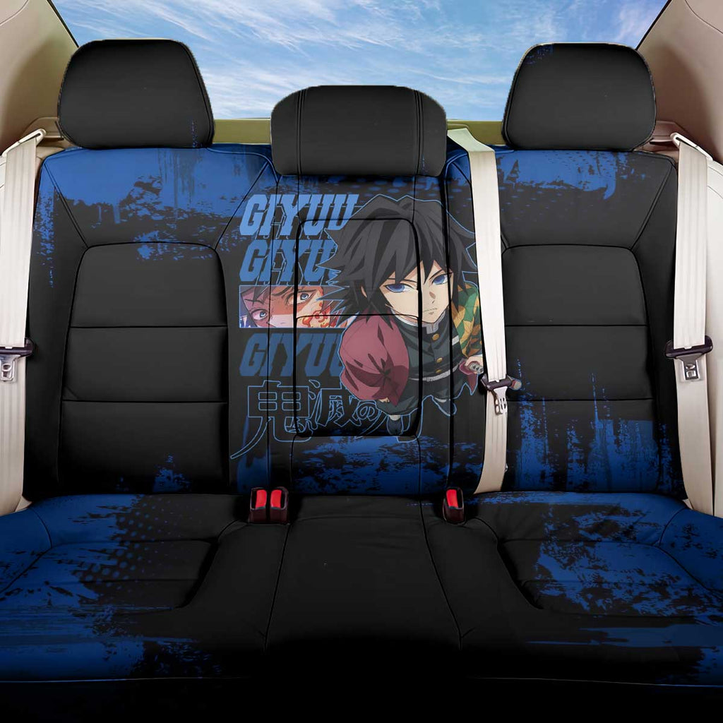 Giyu Tomioka Demon Slayer Blue Grunge Design Back Car Seat Cover with Intense Eyes and Sword Stance - The Mazicc