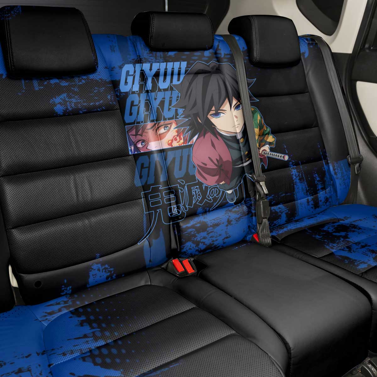 Giyu Tomioka Demon Slayer Blue Grunge Design Back Car Seat Cover with Intense Eyes and Sword Stance - The Mazicc