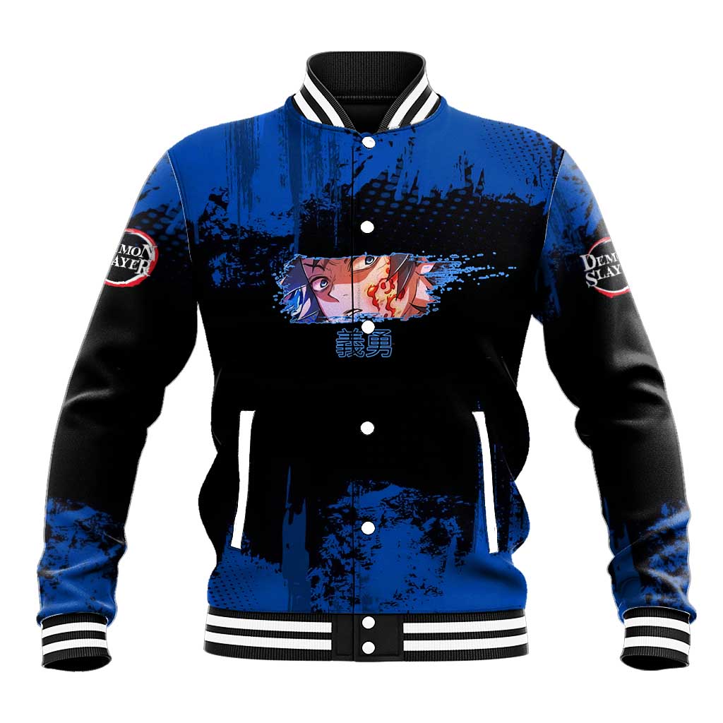 Giyu Tomioka Demon Slayer Blue Grunge Design Baseball Jacket with Intense Eyes and Sword Stance - The Mazicc