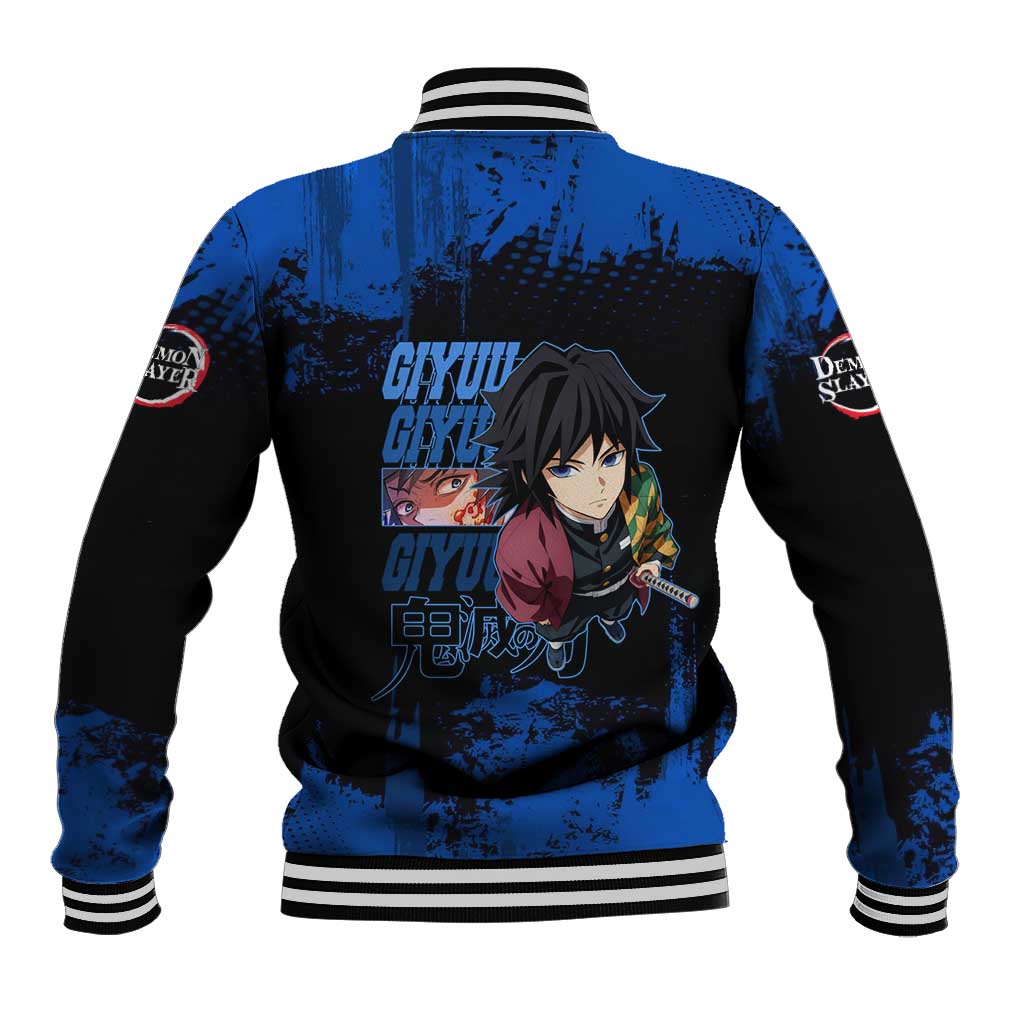 Giyu Tomioka Demon Slayer Blue Grunge Design Baseball Jacket with Intense Eyes and Sword Stance - The Mazicc