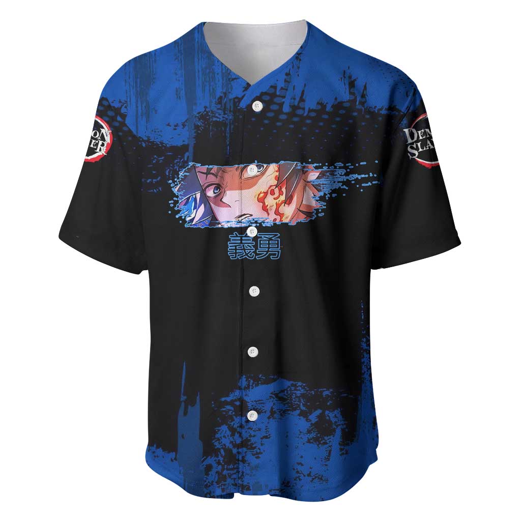 Giyu Tomioka Demon Slayer Blue Grunge Design Baseball Jersey with Intense Eyes and Sword Stance - The Mazicc