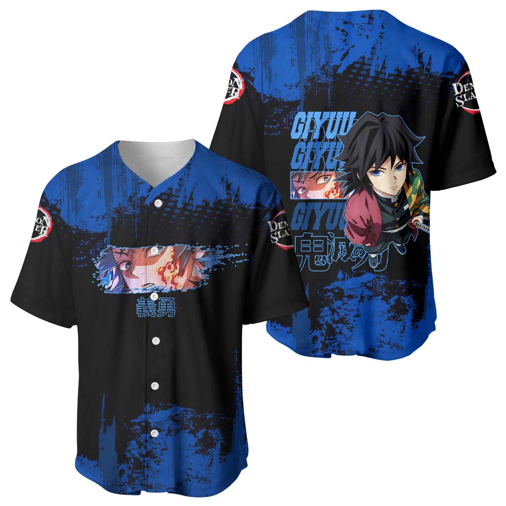 Giyu Tomioka Demon Slayer Blue Grunge Design Baseball Jersey with Intense Eyes and Sword Stance - The Mazicc