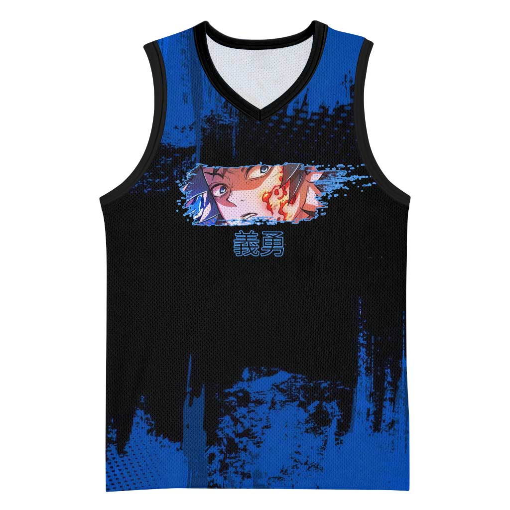 Giyu Tomioka Demon Slayer Blue Grunge Design Basketball Jersey with Intense Eyes and Sword Stance - The Mazicc