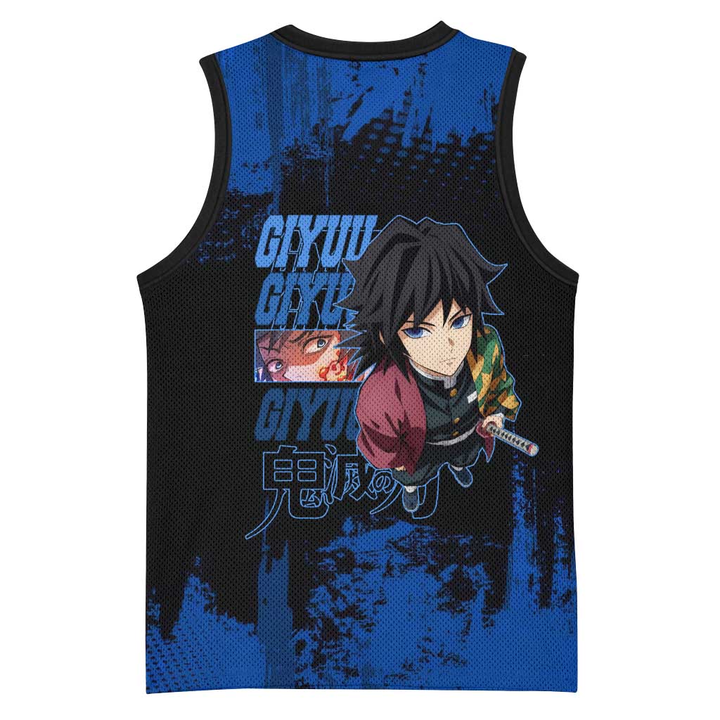 Giyu Tomioka Demon Slayer Blue Grunge Design Basketball Jersey with Intense Eyes and Sword Stance - The Mazicc