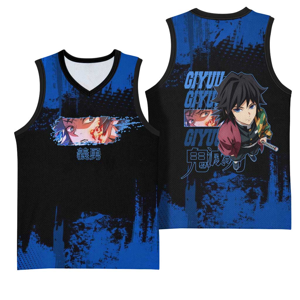 Giyu Tomioka Demon Slayer Blue Grunge Design Basketball Jersey with Intense Eyes and Sword Stance - The Mazicc