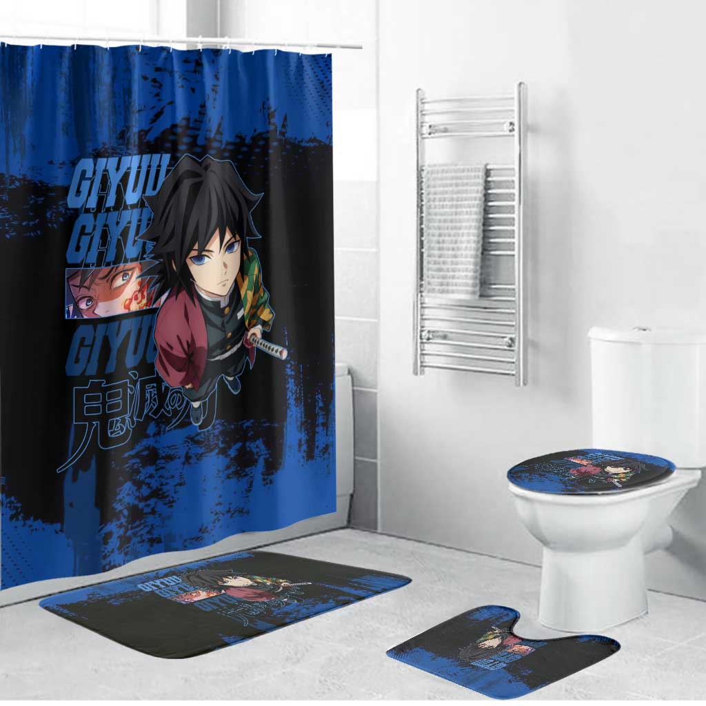 Giyu Tomioka Demon Slayer Blue Grunge Design Bathroom Set with Intense Eyes and Sword Stance - The Mazicc