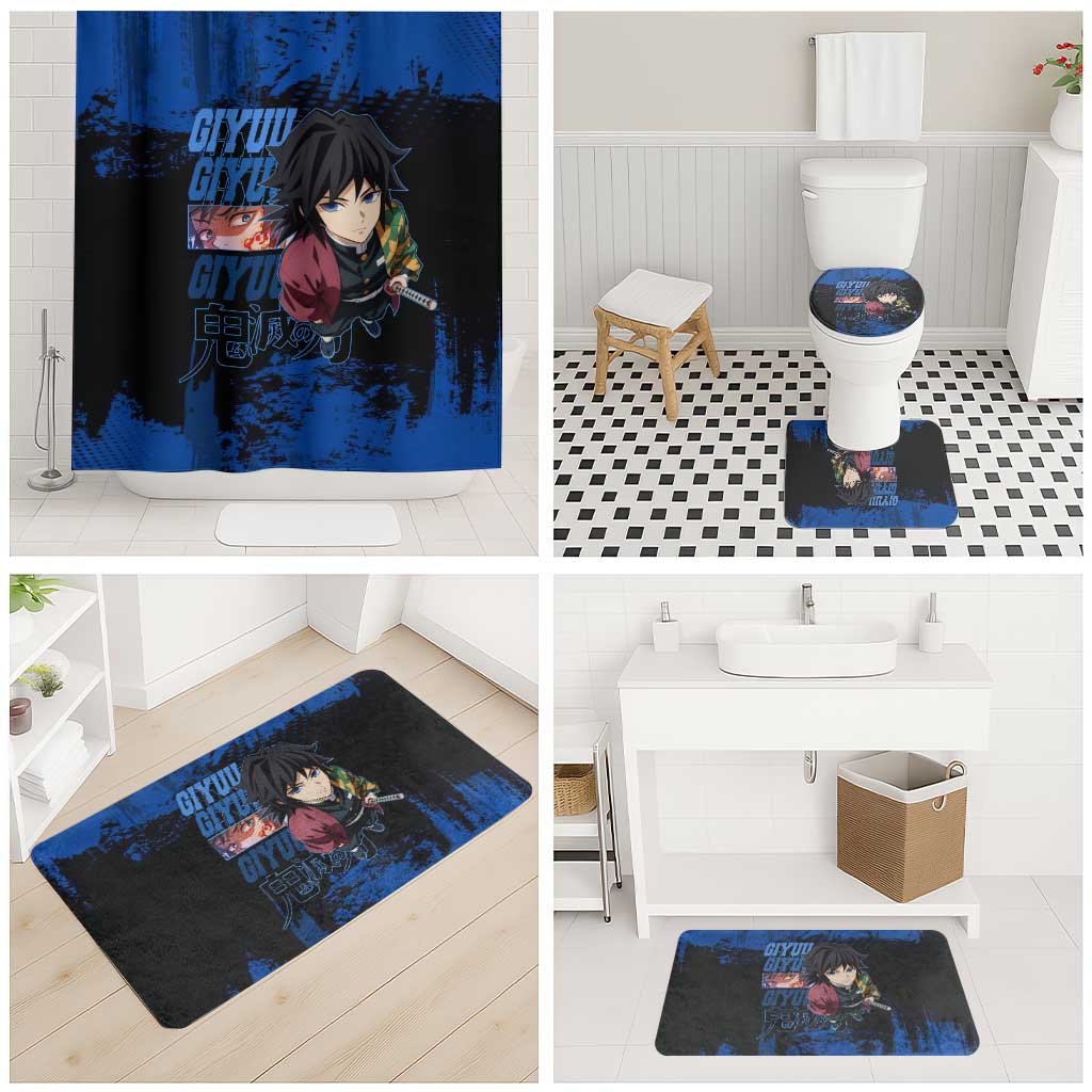 Giyu Tomioka Demon Slayer Blue Grunge Design Bathroom Set with Intense Eyes and Sword Stance - The Mazicc