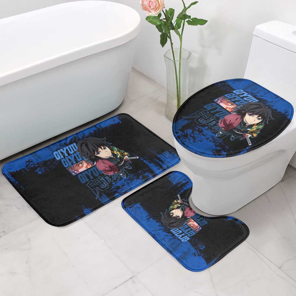 Giyu Tomioka Demon Slayer Blue Grunge Design Bathroom Set with Intense Eyes and Sword Stance - The Mazicc