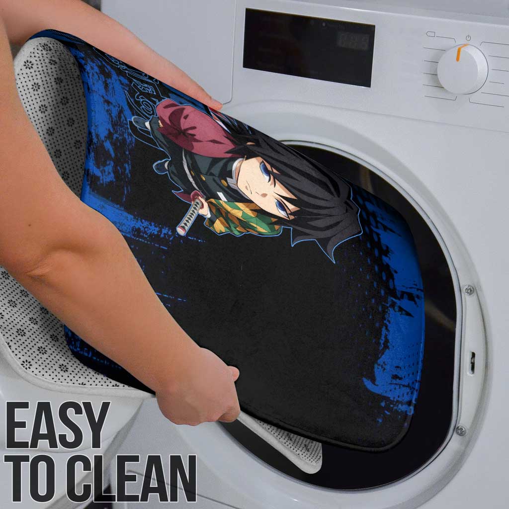 Giyu Tomioka Demon Slayer Blue Grunge Design Bathroom Set with Intense Eyes and Sword Stance - The Mazicc