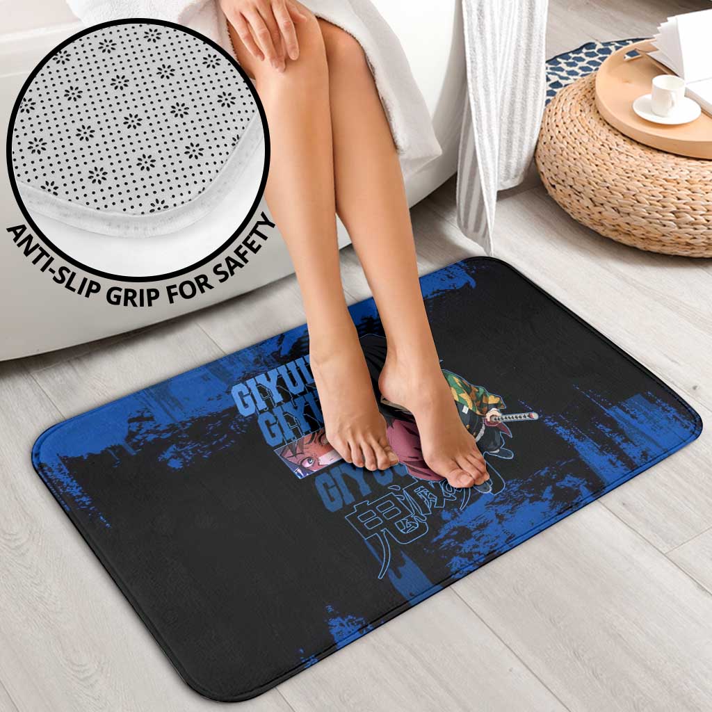 Giyu Tomioka Demon Slayer Blue Grunge Design Bathroom Set with Intense Eyes and Sword Stance - The Mazicc