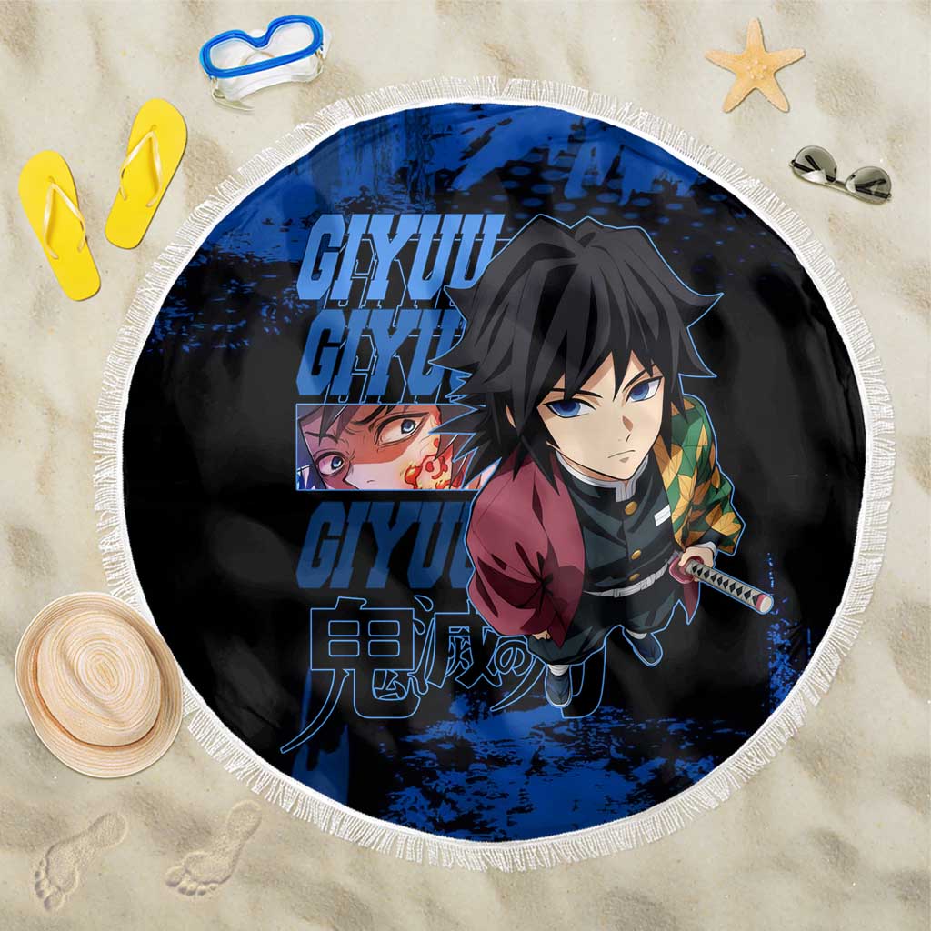 Giyu Tomioka Demon Slayer Blue Grunge Design Beach Blanket with Intense Eyes and Sword Stance - The Mazicc
