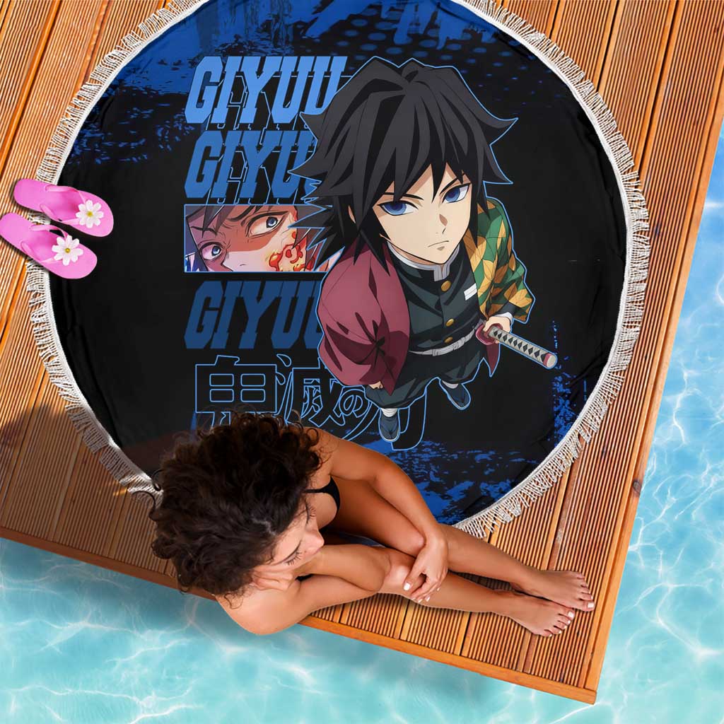 Giyu Tomioka Demon Slayer Blue Grunge Design Beach Blanket with Intense Eyes and Sword Stance - The Mazicc