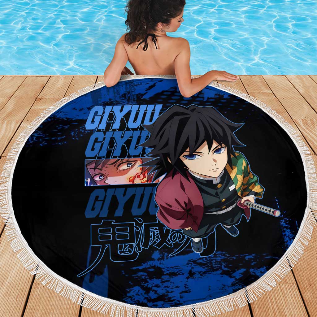 Giyu Tomioka Demon Slayer Blue Grunge Design Beach Blanket with Intense Eyes and Sword Stance - The Mazicc