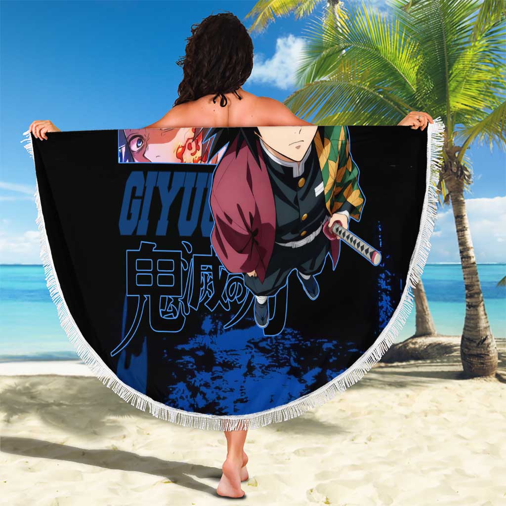 Giyu Tomioka Demon Slayer Blue Grunge Design Beach Blanket with Intense Eyes and Sword Stance - The Mazicc