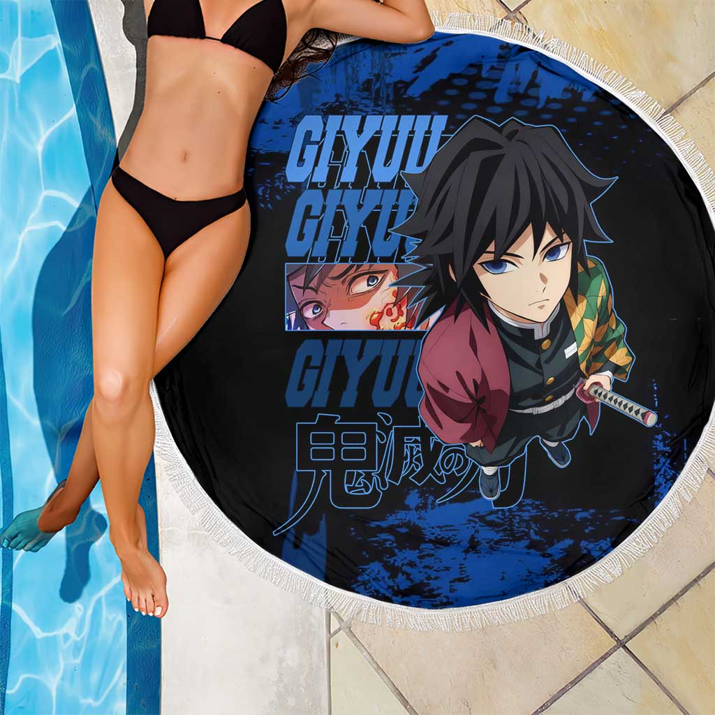 Giyu Tomioka Demon Slayer Blue Grunge Design Beach Blanket with Intense Eyes and Sword Stance - The Mazicc