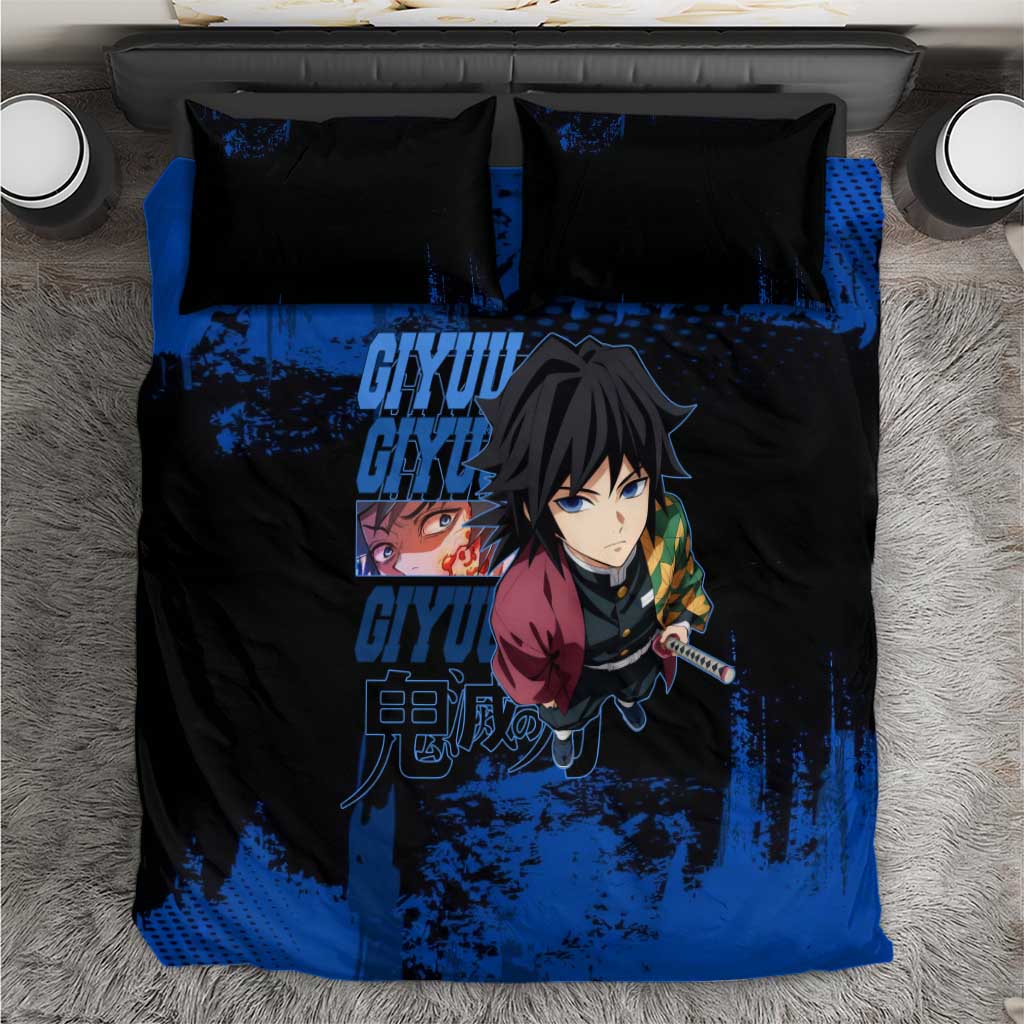 Giyu Tomioka Demon Slayer Blue Grunge Design Bedding Set with Intense Eyes and Sword Stance - The Mazicc