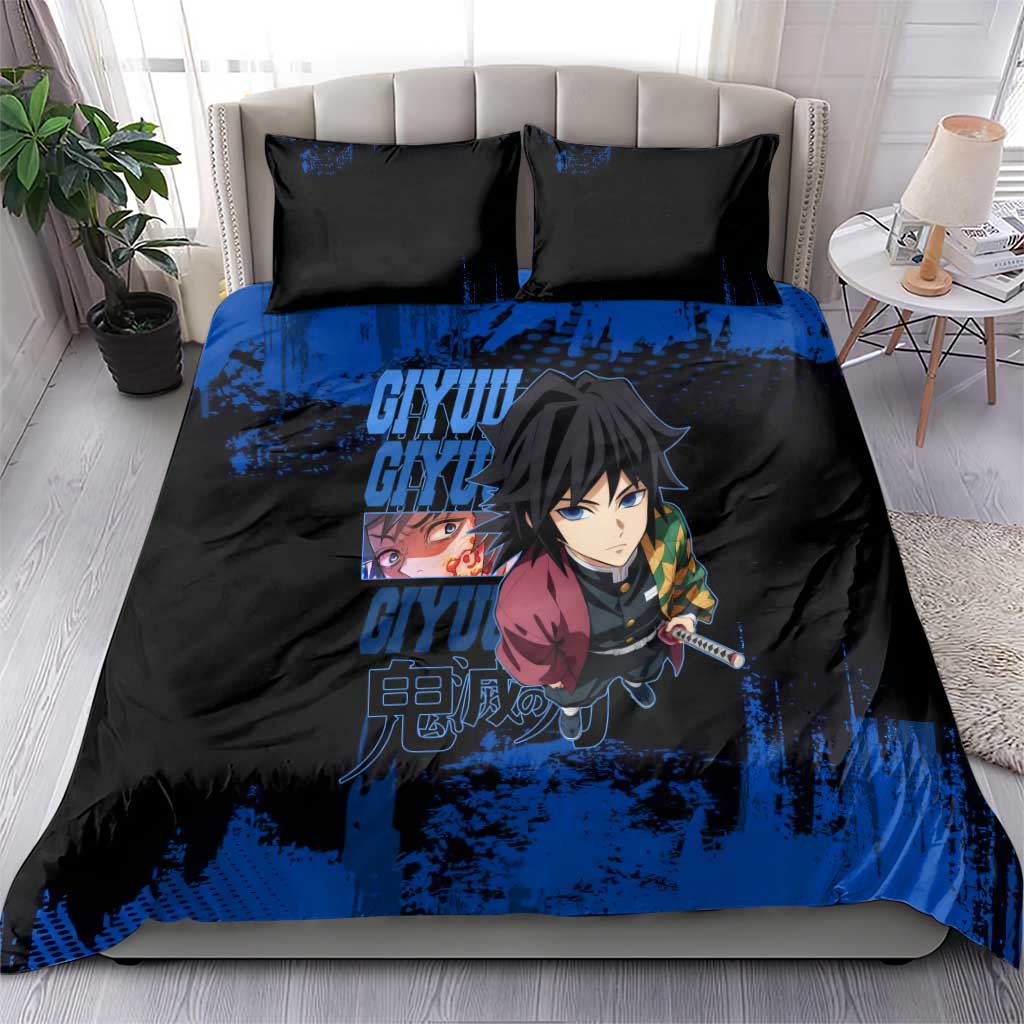Giyu Tomioka Demon Slayer Blue Grunge Design Bedding Set with Intense Eyes and Sword Stance - The Mazicc