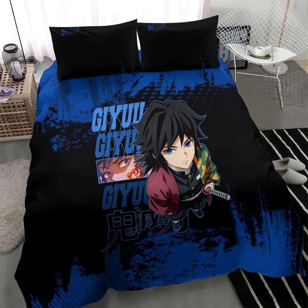 Giyu Tomioka Demon Slayer Blue Grunge Design Bedding Set with Intense Eyes and Sword Stance - The Mazicc