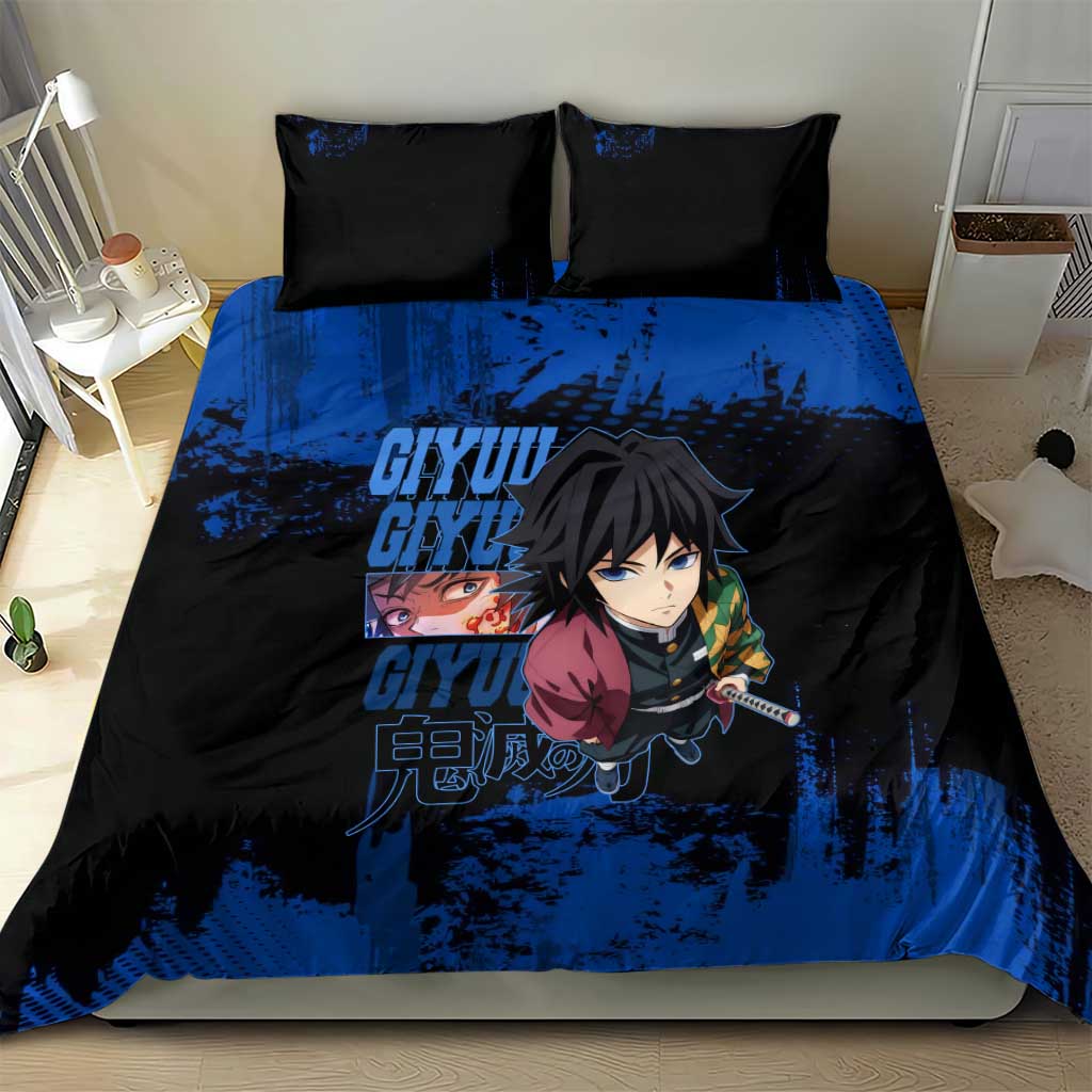 Giyu Tomioka Demon Slayer Blue Grunge Design Bedding Set with Intense Eyes and Sword Stance - The Mazicc