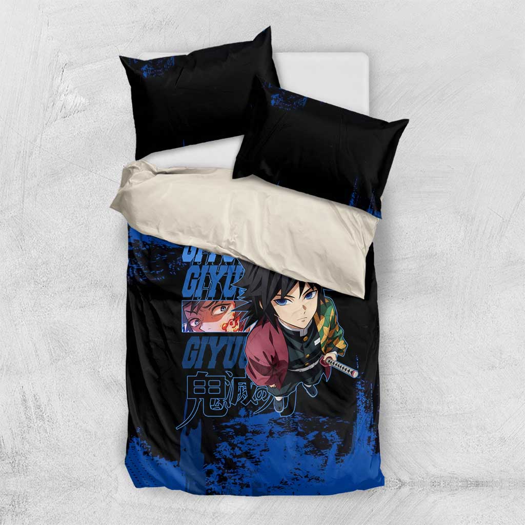 Giyu Tomioka Demon Slayer Blue Grunge Design Bedding Set with Intense Eyes and Sword Stance - The Mazicc