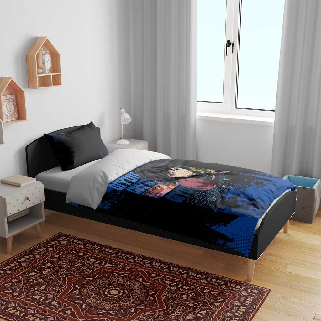 Giyu Tomioka Demon Slayer Blue Grunge Design Bedding Set with Intense Eyes and Sword Stance - The Mazicc