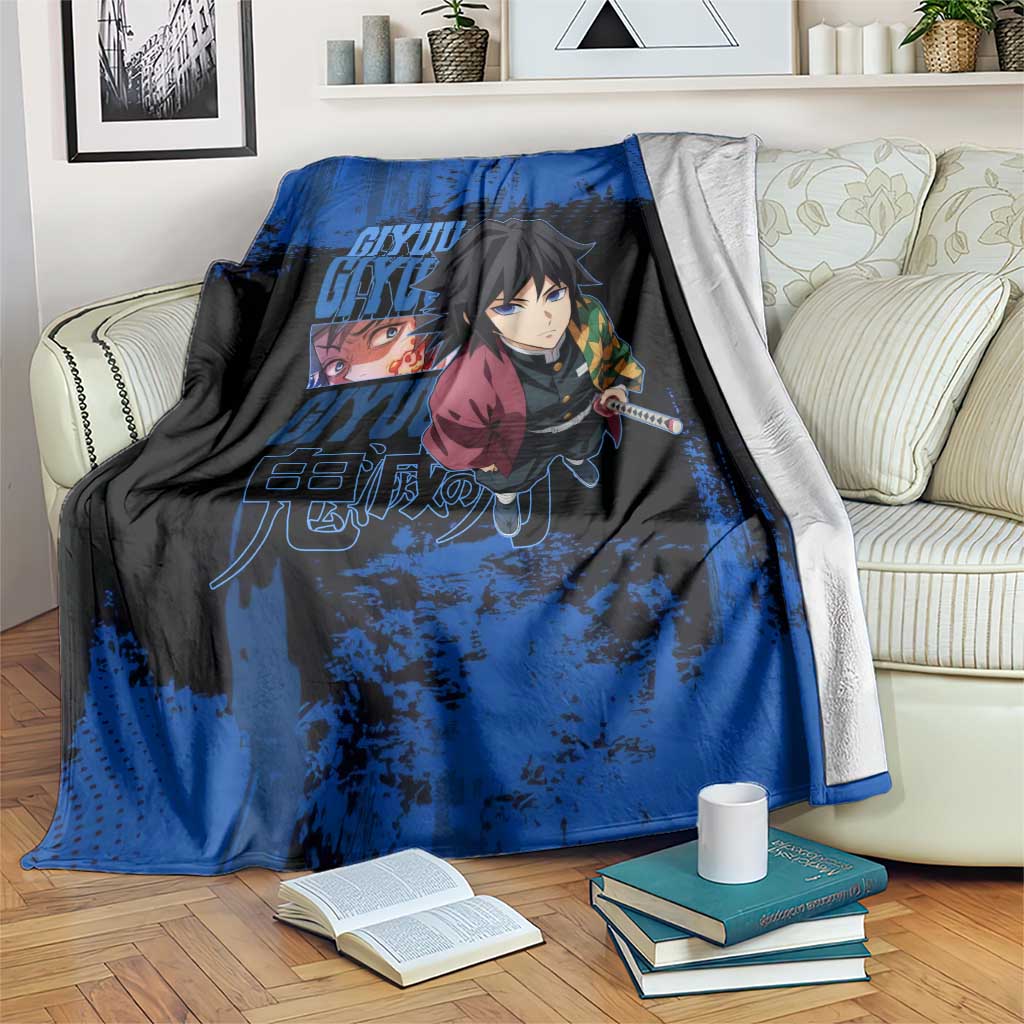 Giyu Tomioka Demon Slayer Blue Grunge Design Blanket with Intense Eyes and Sword Stance - The Mazicc