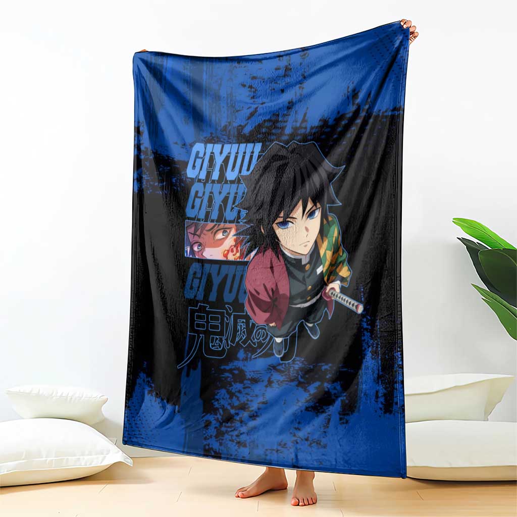 Giyu Tomioka Demon Slayer Blue Grunge Design Blanket with Intense Eyes and Sword Stance - The Mazicc
