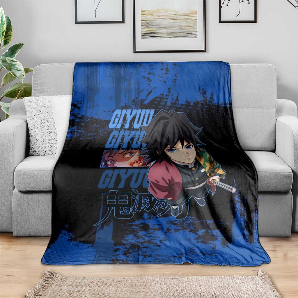 Giyu Tomioka Demon Slayer Blue Grunge Design Blanket with Intense Eyes and Sword Stance - The Mazicc