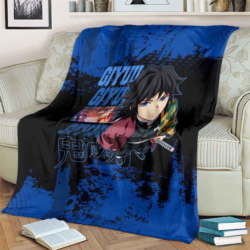 Giyu Tomioka Demon Slayer Blue Grunge Design Blanket with Intense Eyes and Sword Stance - The Mazicc