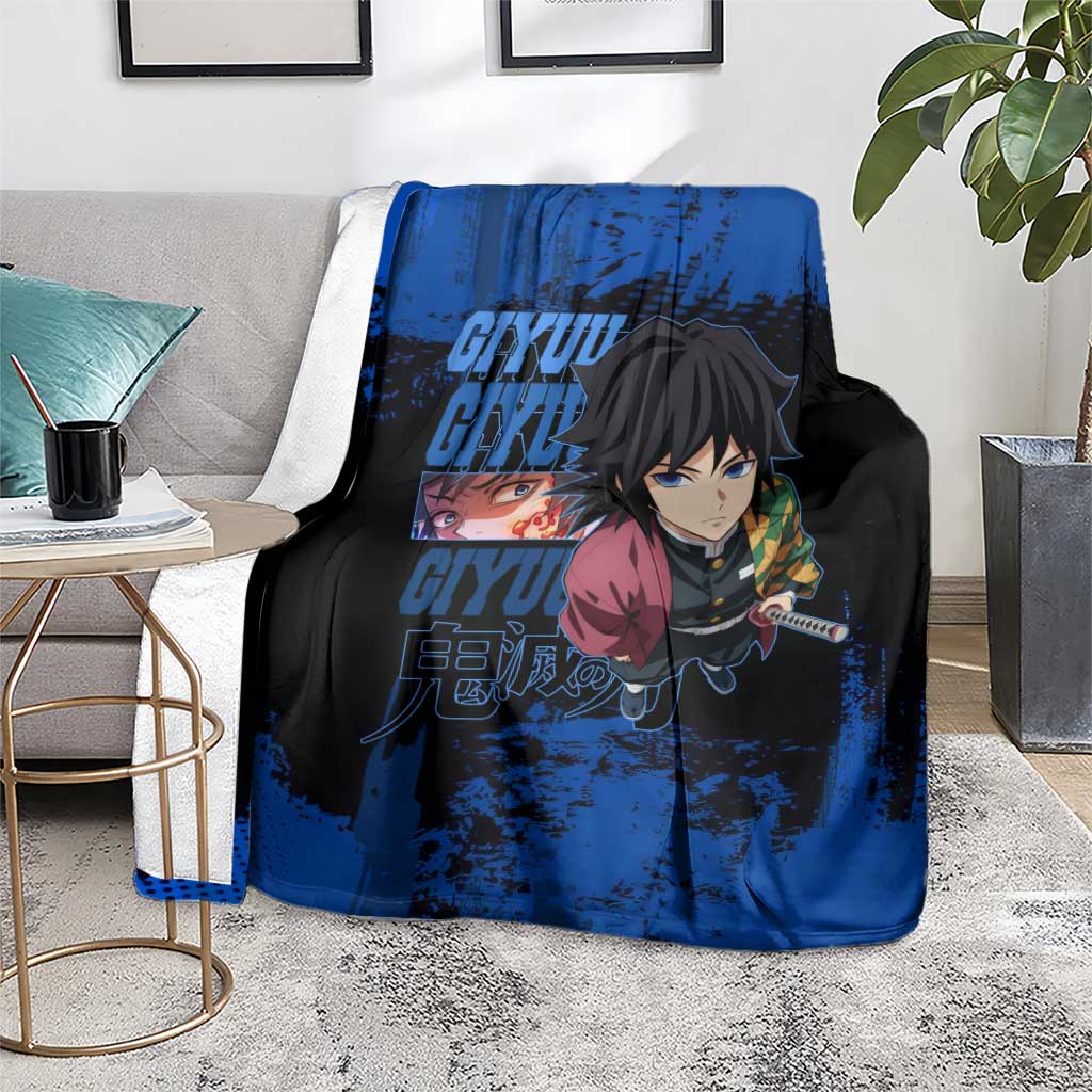 Giyu Tomioka Demon Slayer Blue Grunge Design Blanket with Intense Eyes and Sword Stance - The Mazicc