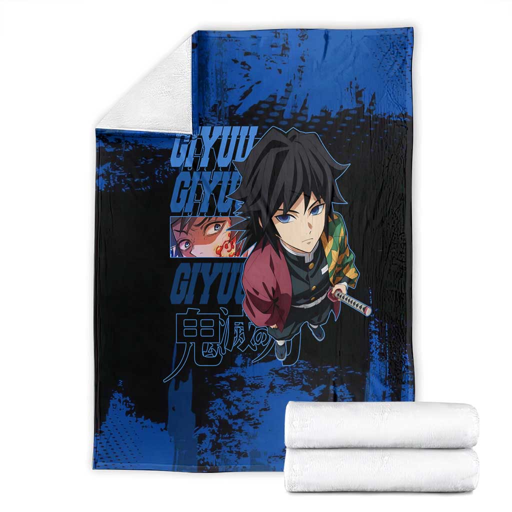 Giyu Tomioka Demon Slayer Blue Grunge Design Blanket with Intense Eyes and Sword Stance - The Mazicc