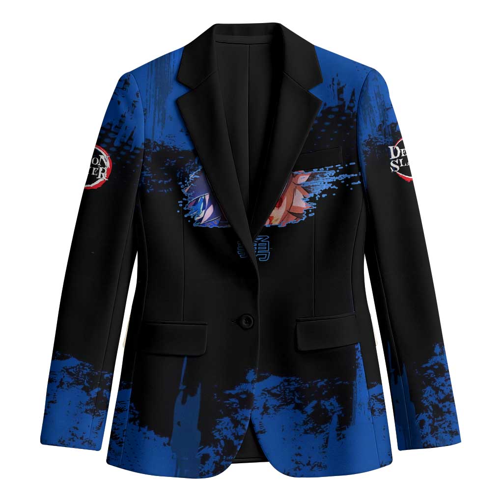 Giyu Tomioka Demon Slayer Blue Grunge Design Blazer with Intense Eyes and Sword Stance - The Mazicc