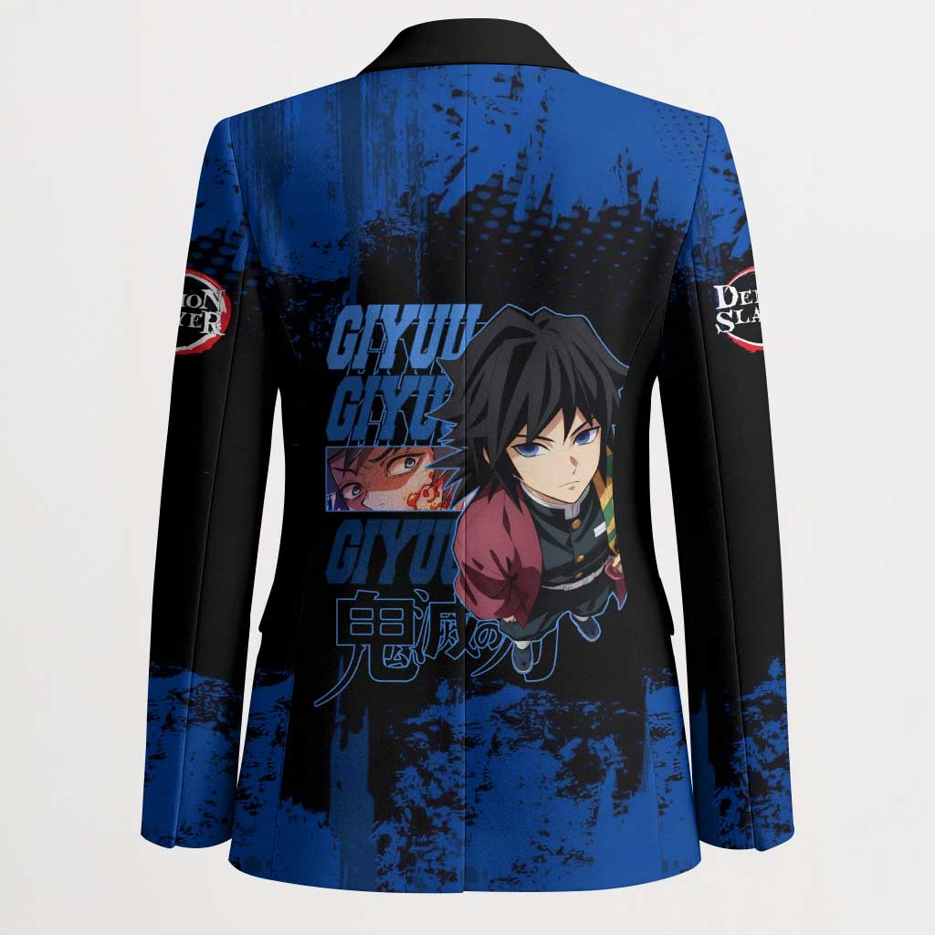 Giyu Tomioka Demon Slayer Blue Grunge Design Blazer with Intense Eyes and Sword Stance - The Mazicc