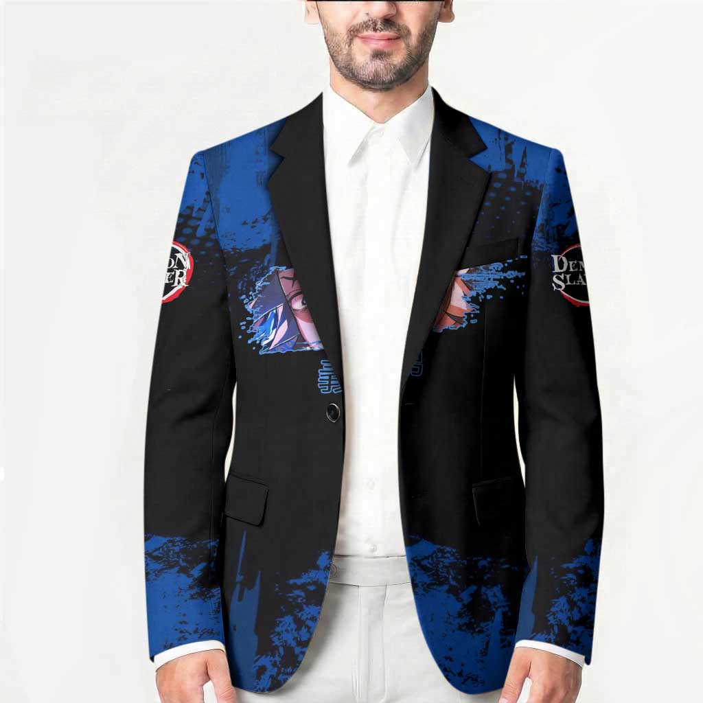 Giyu Tomioka Demon Slayer Blue Grunge Design Blazer with Intense Eyes and Sword Stance - The Mazicc
