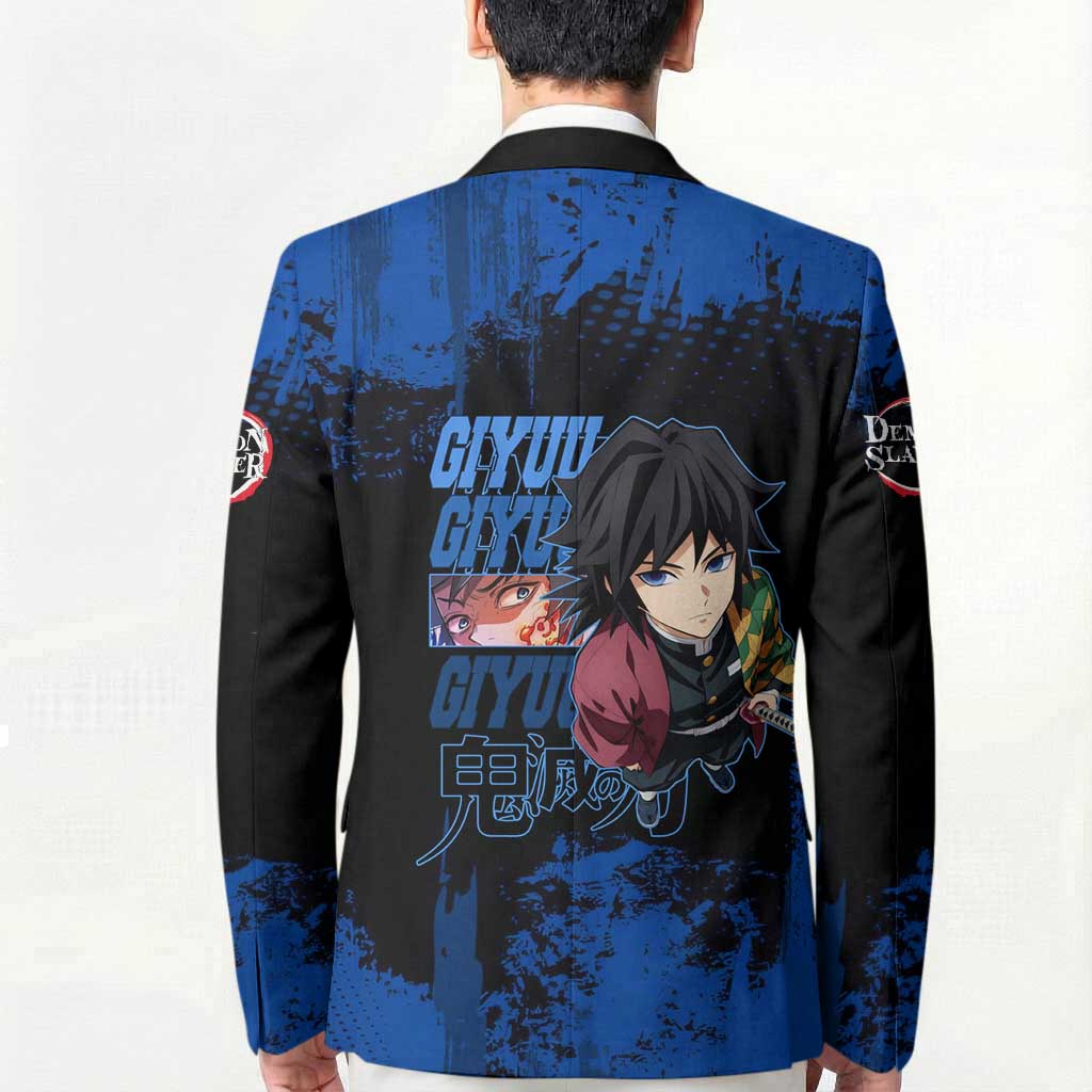 Giyu Tomioka Demon Slayer Blue Grunge Design Blazer with Intense Eyes and Sword Stance - The Mazicc