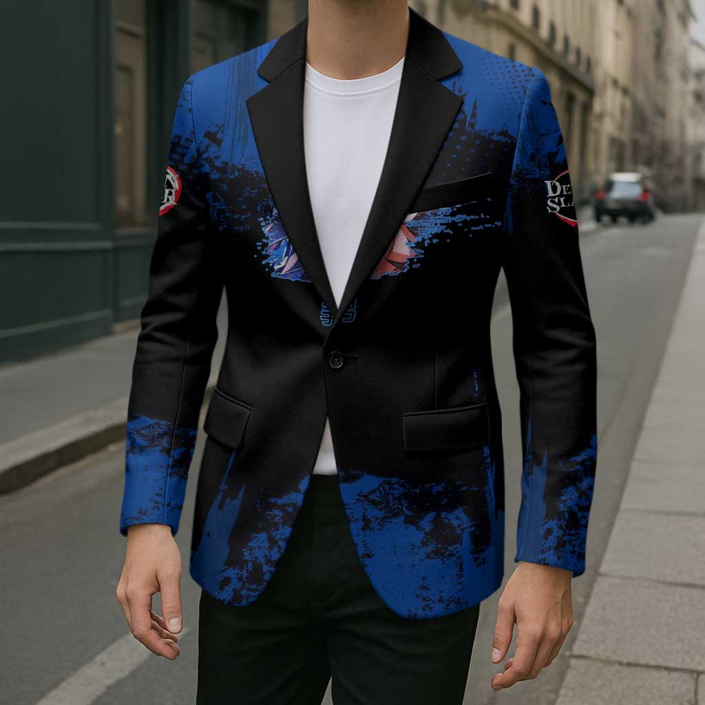 Giyu Tomioka Demon Slayer Blue Grunge Design Blazer with Intense Eyes and Sword Stance - The Mazicc