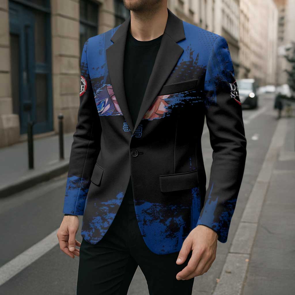 Giyu Tomioka Demon Slayer Blue Grunge Design Blazer with Intense Eyes and Sword Stance - The Mazicc