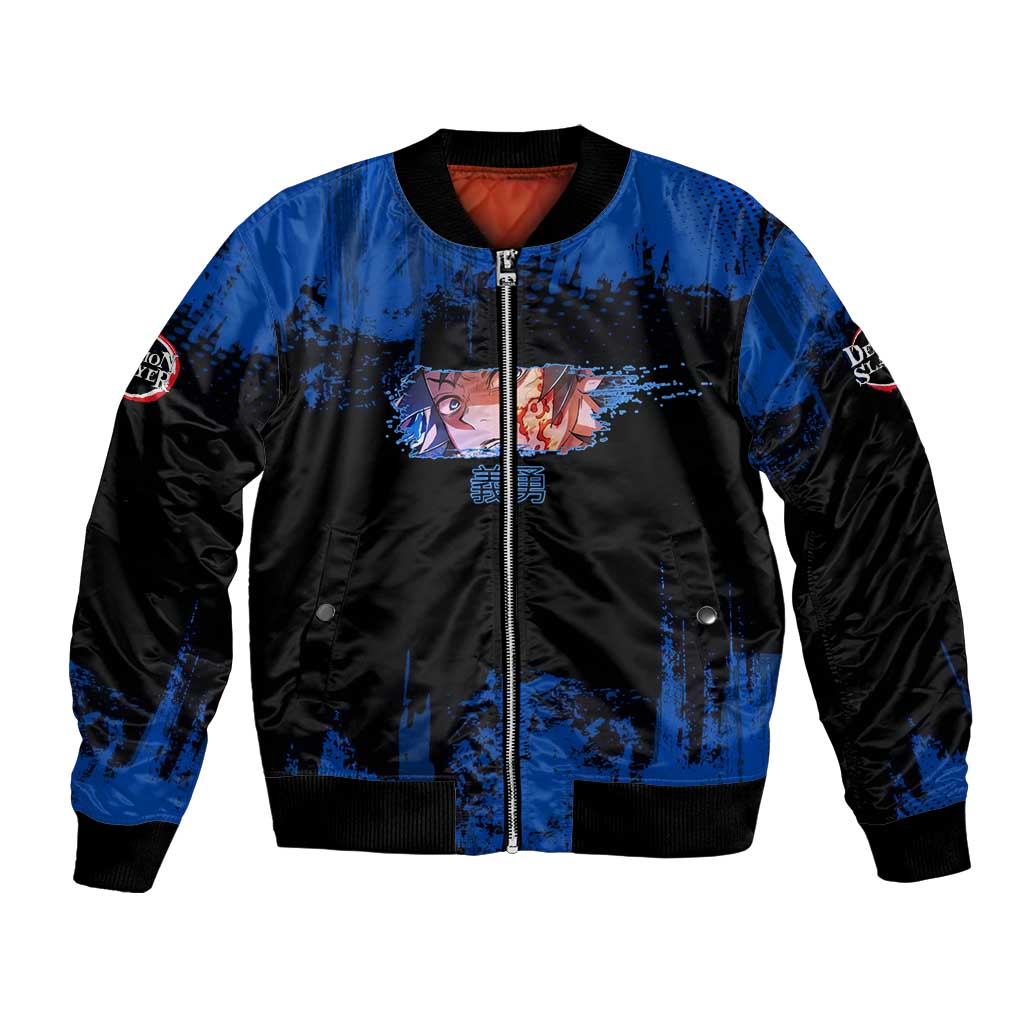 Giyu Tomioka Demon Slayer Blue Grunge Design Bomber Jacket with Intense Eyes and Sword Stance - The Mazicc