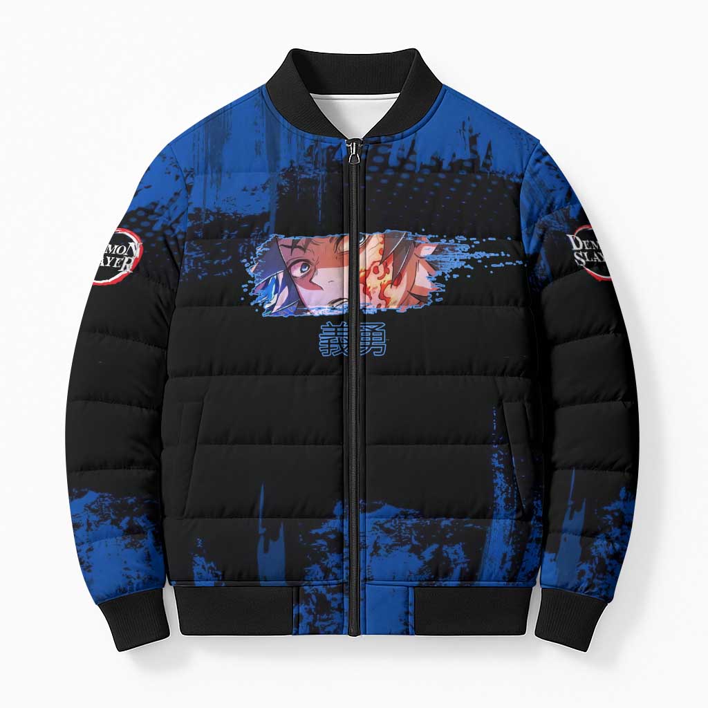 Giyu Tomioka Demon Slayer Blue Grunge Design Bomber Puffer Jacket with Intense Eyes and Sword Stance - The Mazicc